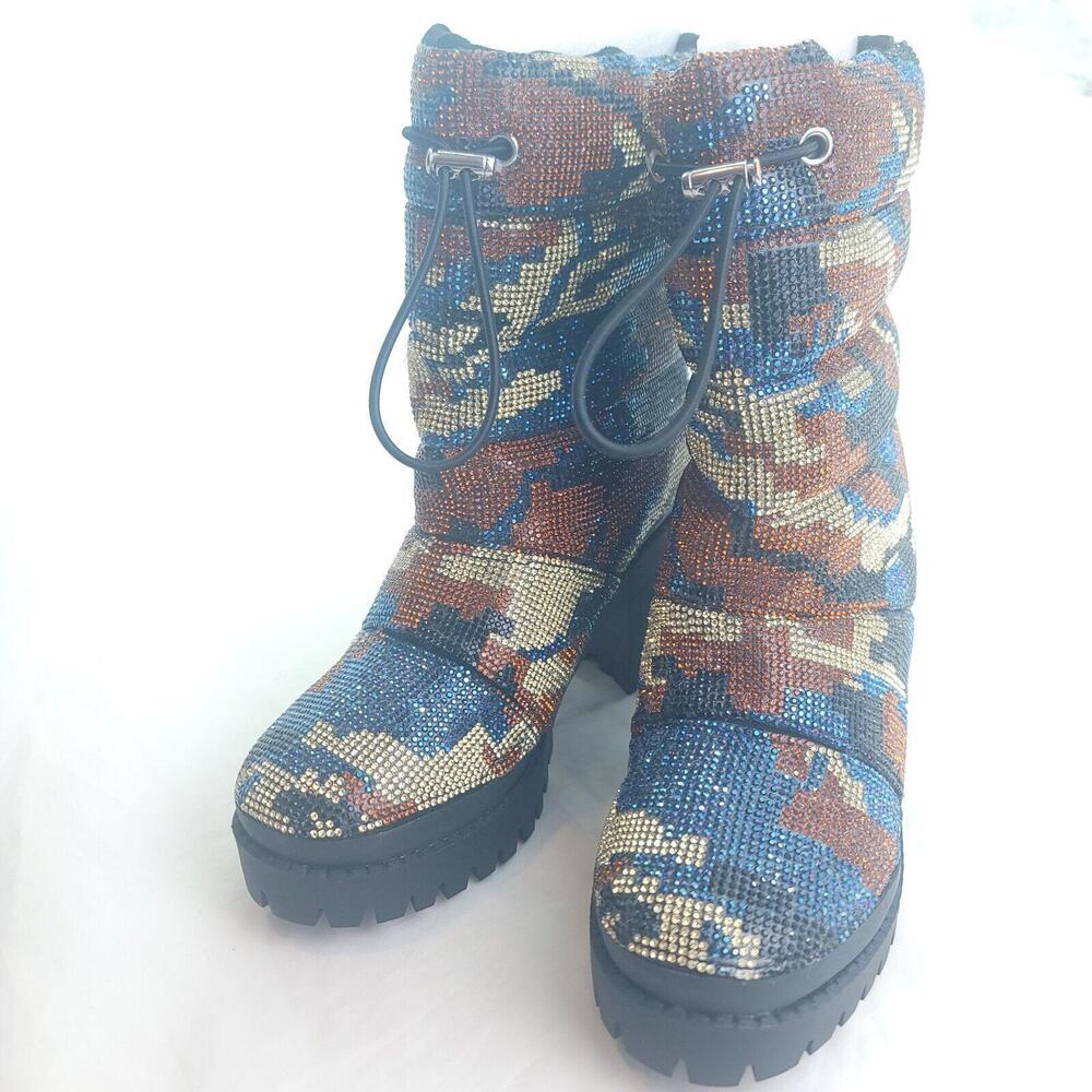 Steve Madden Women's Phoenix Blue Brown Tan Rhinestones Camo Heeled Boots